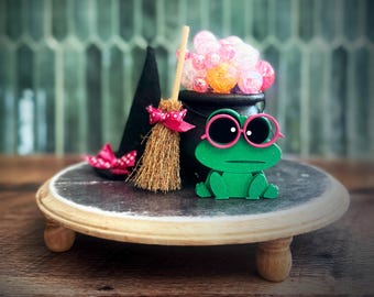 Bubble cauldron Halloween decor, tiered tray, vignette pink bubbles, broom, witches hat X12