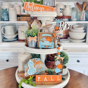 Fall teal pumpkin tiered tray decor, farmhouse / cottage dining room decor, kitchen decor, gift for mom for her, new home autumn table  F71