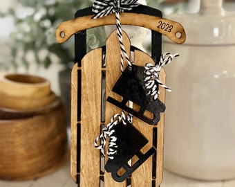 6 inch sled ornament with skates. Black & wood neutral tiered tray decor / tree decor / Christmas / winter  toboggan optional 2023 engraved