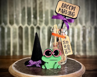 Toad / frog broom parking and hat Halloween decor, tiered tray, vignette X50