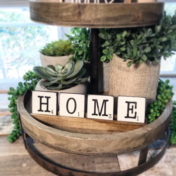 Tiered tray scrabble tiles with wooden tray. Made to order, custom / personalized / seasonal