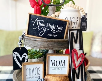 Mom / Mothers Day tiered tray set. Thou shalt not try me, Mom est. date, Chaos Coordinator, custom, personalized Mother’s Day, birthday M45