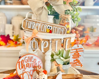 Thanksgiving Pumpkin spice latte autumn / fall pumpkin farmhouse themed tiered tray.  Classic fall colors, handmade  F49