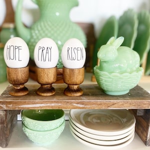Happy Easter wooden eggs in crate or wooden egg holders, comes with 3 wooden eggs . Easter farmhouse cottage decor hope, pray, risen image 1