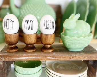 Happy Easter wooden eggs in crate or wooden egg holders, comes with 3 wooden eggs -. Easter farmhouse cottage decor hope, pray, risen