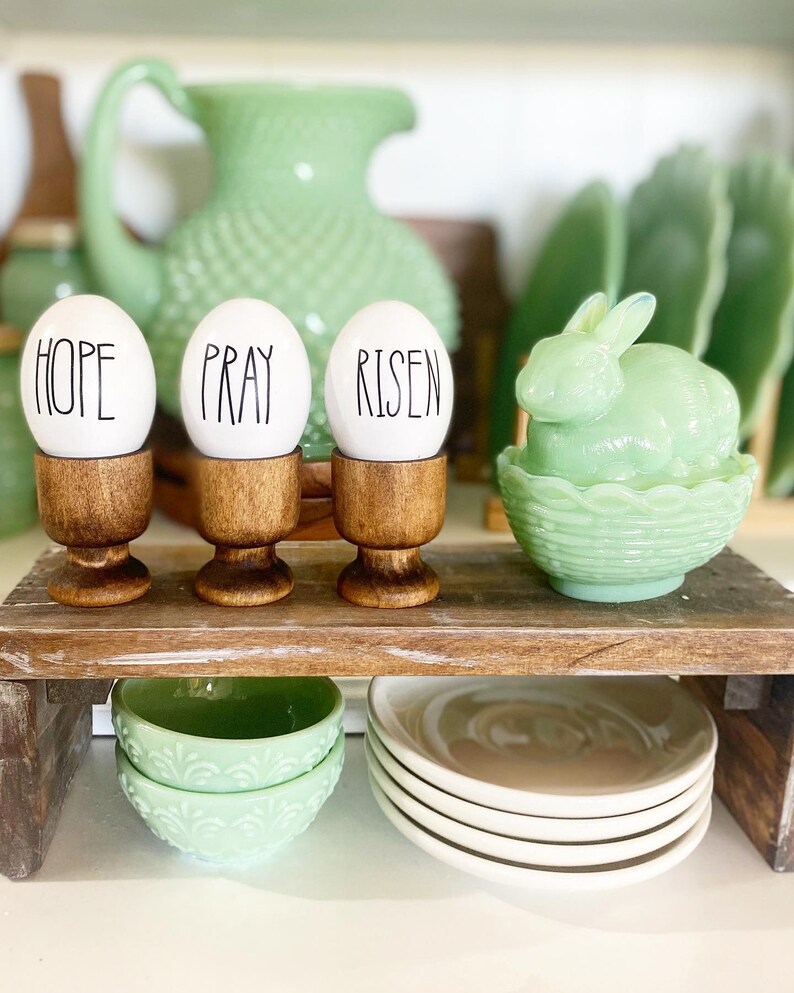 Happy Easter wooden eggs in crate or wooden egg holders, comes with 3 wooden eggs . Easter farmhouse cottage decor hope, pray, risen image 1