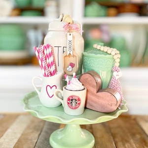 Coffee bar, mini tiered tray set. Pink valentine, mini mug, milk pitcher, sugar bowl beads, canister scoop, bell pitcher creamer farmhouse