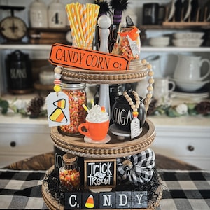 Candy corn Halloween decor / fall Halloween farmhouse tiered tray set, 3D signs, sugar bowl beads garland & street sign C53