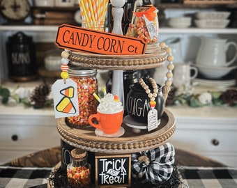 Candy corn Halloween decor / fall Halloween farmhouse tiered tray set, 3D signs, sugar bowl beads garland & street sign C53