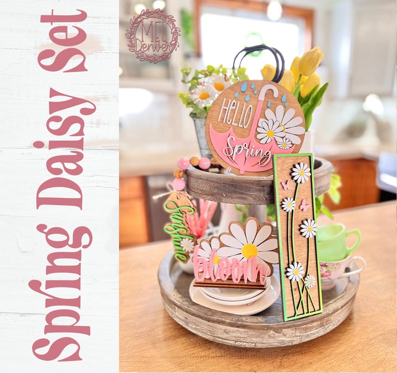 Daisy Spring set, adorable addition to your farmhouse / cottage tiered tray & hutch Dining room decor Centerpiece D62 image 1