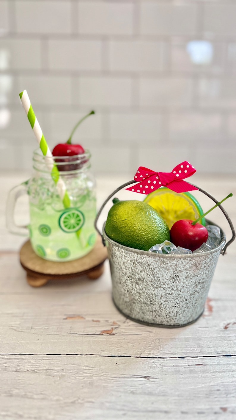 Cinco de Mayo, margarita bar, summer decor lime & cherry with hot pink ribbon on ice tiered tray, party decor image 1