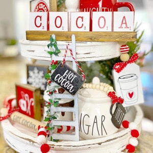 Hot cocoa tiered tray set, Christmas / winter / snow red, black & white, mini ladder, sugar bowl beads, rolling pin, 3D signs etc C28 image 4