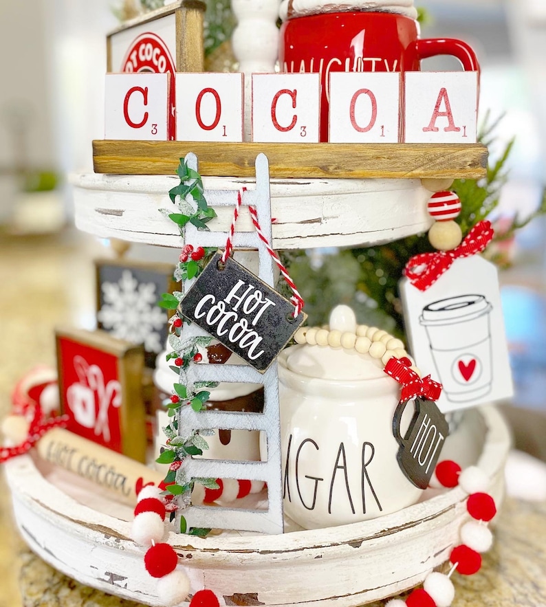 Hot cocoa tiered tray set, Christmas / winter / snow red, black & white, mini ladder, sugar bowl beads, rolling pin, 3D signs etc C28 image 4