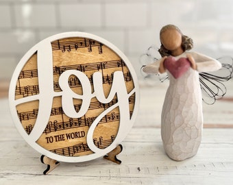 Faith white on wood religious Hymn | hymnal classic style round sign with sheet music background, Faith, decor 5.25" Joy to the World