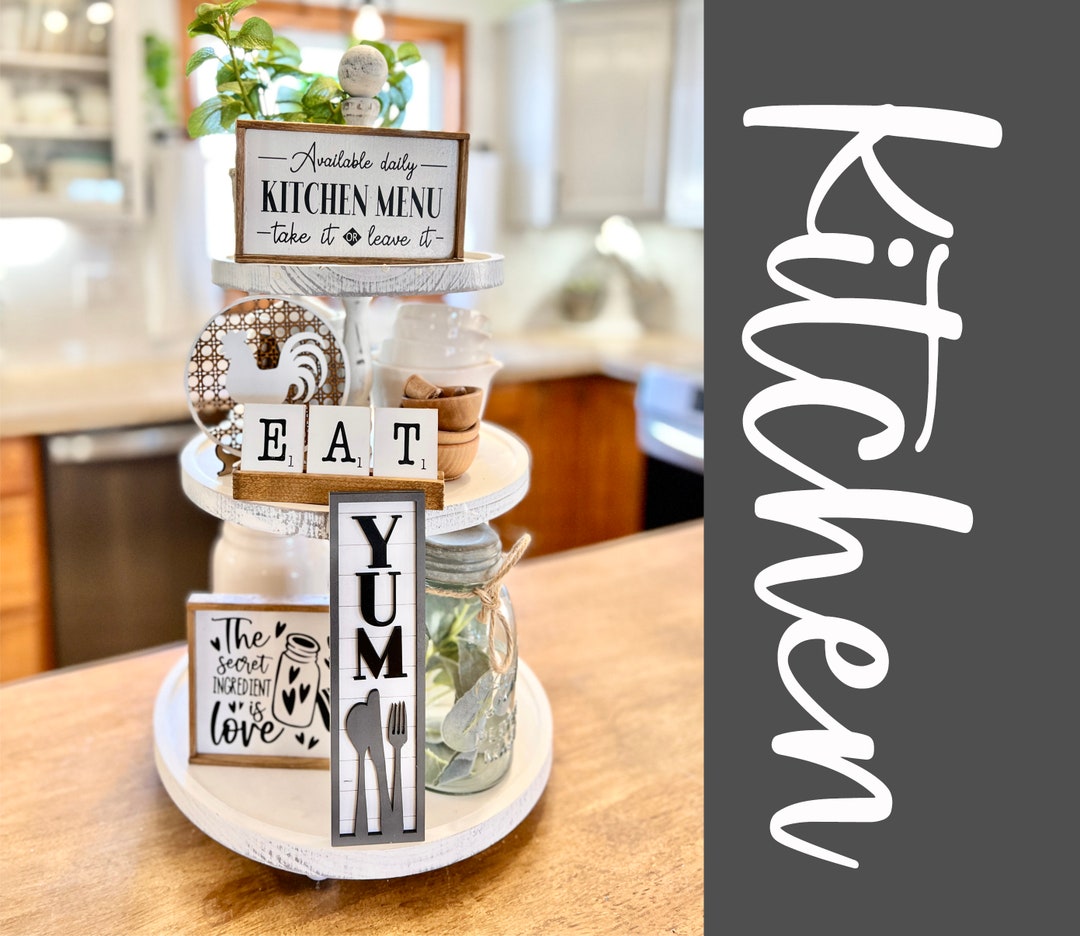 Farmhouse / Cottage Kitchen Tiered Tray, EAT Scrabble Tiles, Funny
