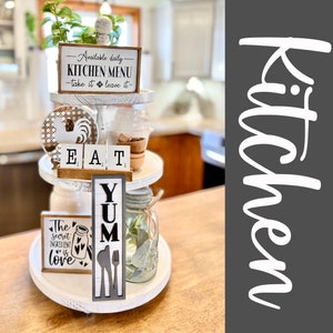 Farmhouse / cottage kitchen tiered tray, EAT scrabble tiles, funny kitchen menu, bacon my heart, rolling pins, greenery etc K29