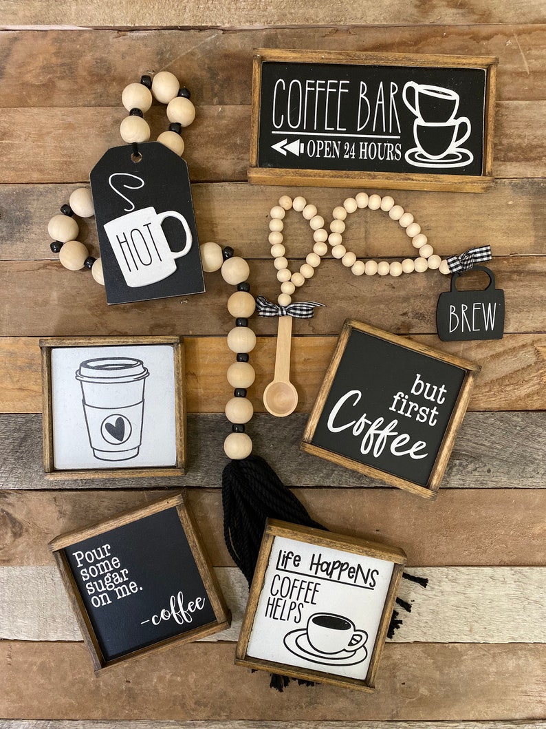 Coffee bar decor black & white tiered tray items Mix and ...