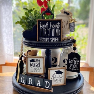 Graduation party decor tiered tray centerpiece signs, garland, mini bead loop and GRAD scrabble set with pine tray G48 image 4