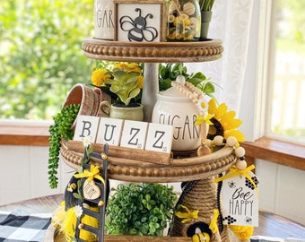 black, White & yellow honeybee /bumble bee tiered tray set! Mix and match items, mini signs, garlands, rolling pin, scrabble tiles etc. B06