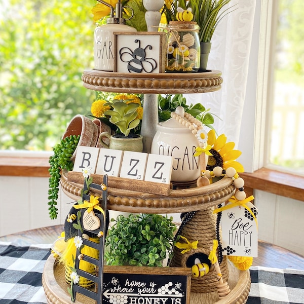 black, White & yellow honeybee /bumble bee tiered tray set! Mix and match items, mini signs, garlands, rolling pin, scrabble tiles etc. B06