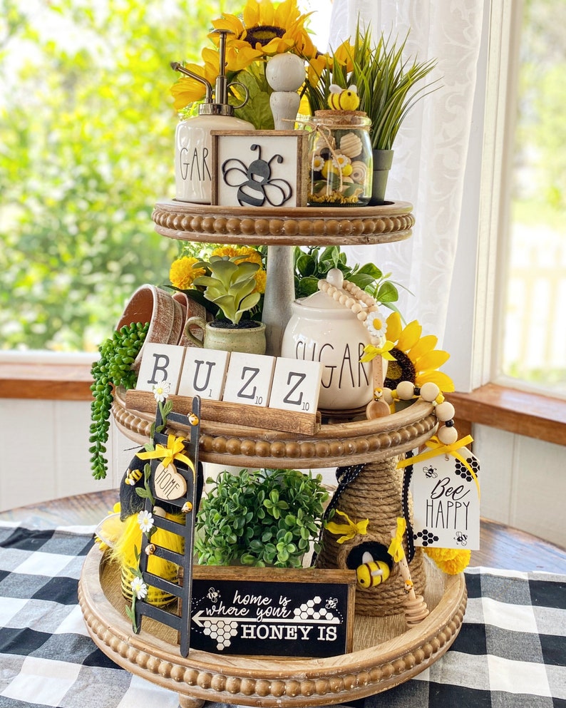 black, White & yellow honeybee /bumble bee tiered tray set Mix and match items, mini signs, garlands, rolling pin, scrabble tiles etc. B06 image 1