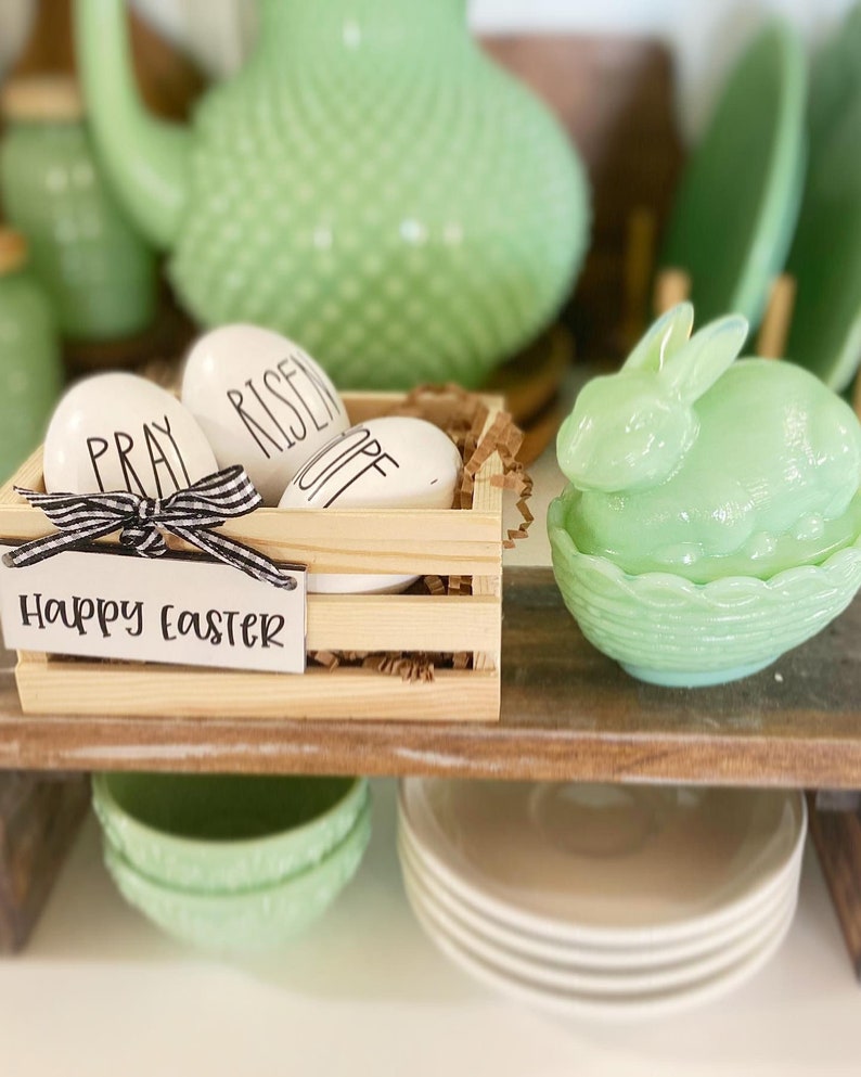 Happy Easter wooden eggs in crate or wooden egg holders, comes with 3 wooden eggs . Easter farmhouse cottage decor hope, pray, risen image 4