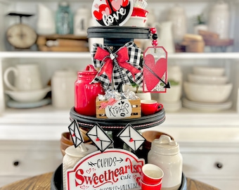 Red, black & White Valentines Day tiered tray set! Cupid's Cafe, 3D signs, umbrella love sign with hearts kisses crate etc V65