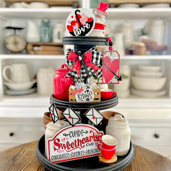 Red, black & White Valentines Day tiered tray set! Cupid's Cafe, 3D signs, umbrella love sign with hearts kisses crate etc V65