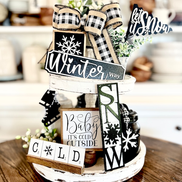 Neutral  winter tiered tray set, Christmas  /  baby it’s cold outside / dining room decor / centerpiece / party decor / Black & white   C31