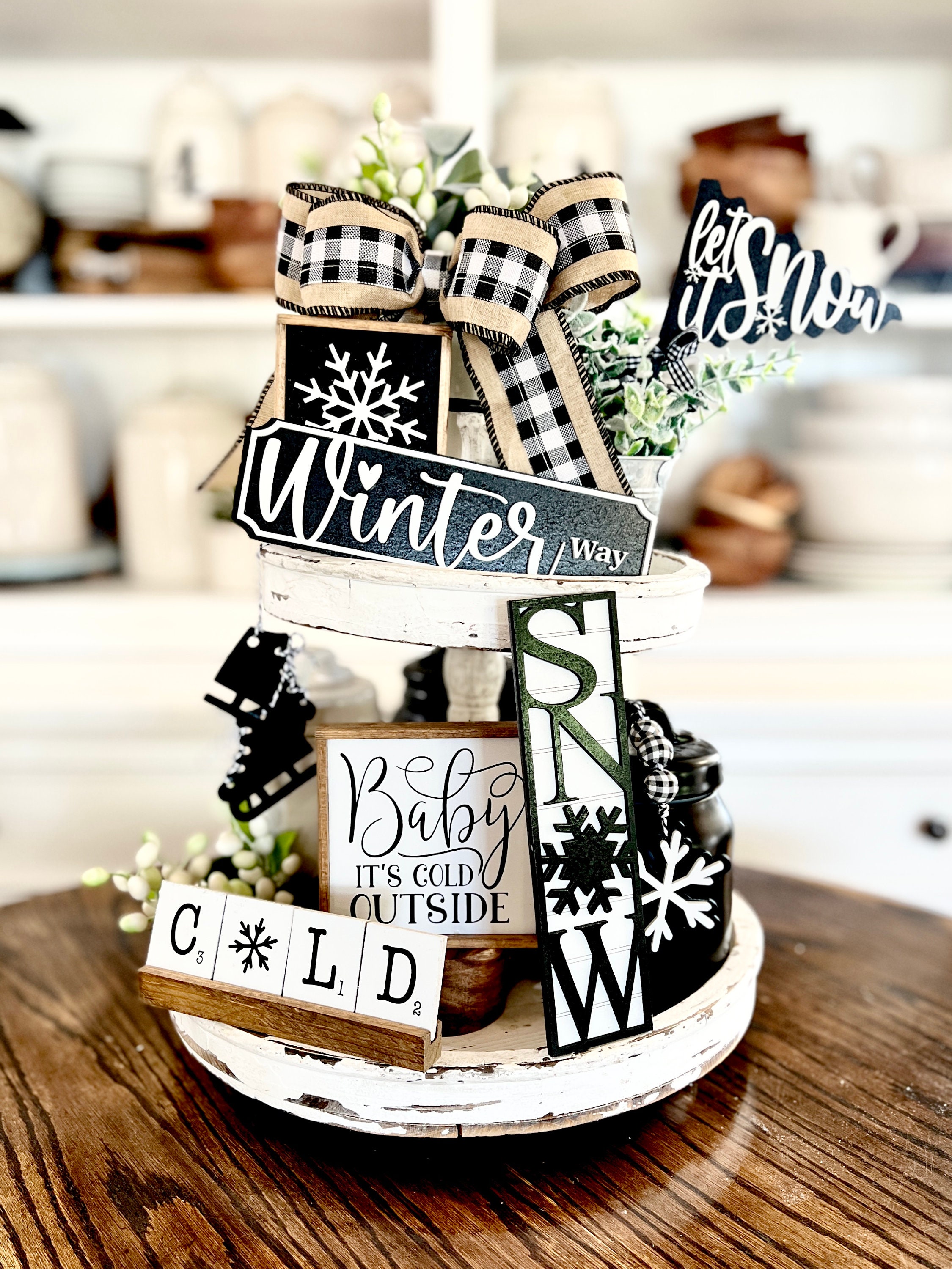 12 Pieces Winter Tiered Tray Decor Winter Wonderland Table Wooden Sign  Decorations Farmhouse Tabletop Coffee Signs Snowflake Santa Decor for Hello
