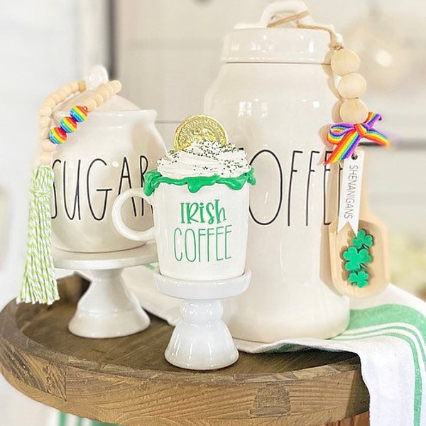 Irish Coffee tiered tray mini mug coffee bar Saint Patricks Day, St Patrick, St Paddy sugar bowl beads, canister scoop