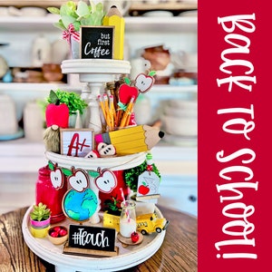 Teacher & homeschool themed tiered tray set! Small plaque is custom! You pick, mini signs, garlands, sugar bowl beads, etc. S37