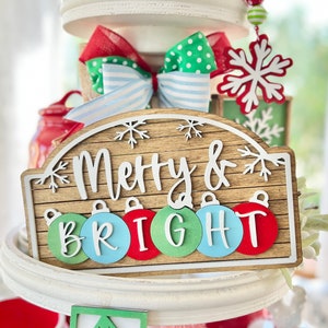 Merry and Bright colorful tiered tray, Christmas / winter / red green and blue vintage retro Christmas C32 Merry & Bright Sign