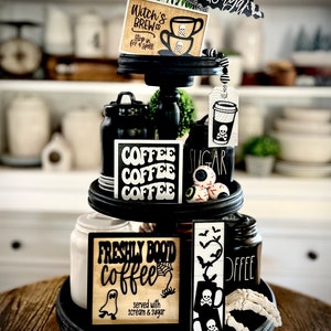 Halloween coffee bar decor set / tiered tray, black and white 3d coffee signs, freshly boo'd coffee H63