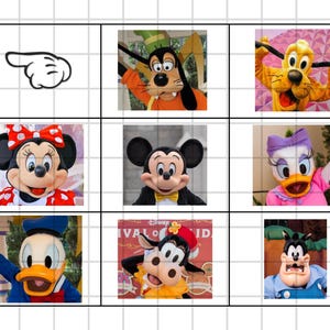 May include: A grid featuring Disney characters: Goofy, Pluto, Minnie Mouse, Mickey Mouse, Daisy Duck, Donald Duck, Clarabelle Cow, and Pete. The top left corner shows a white gloved hand pointing to the right.