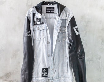Denim Jacket with Black Leather Sleeves and Hood