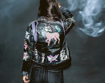 Unicorn Rider Vintage Leather Bomber Featuring Draping Spiked Straps