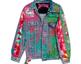 Sparkleberry Unicorn Mix Tape Acid Wash Boxy Denim Jacket with Neon Rainbow Tie Dyed Bandana