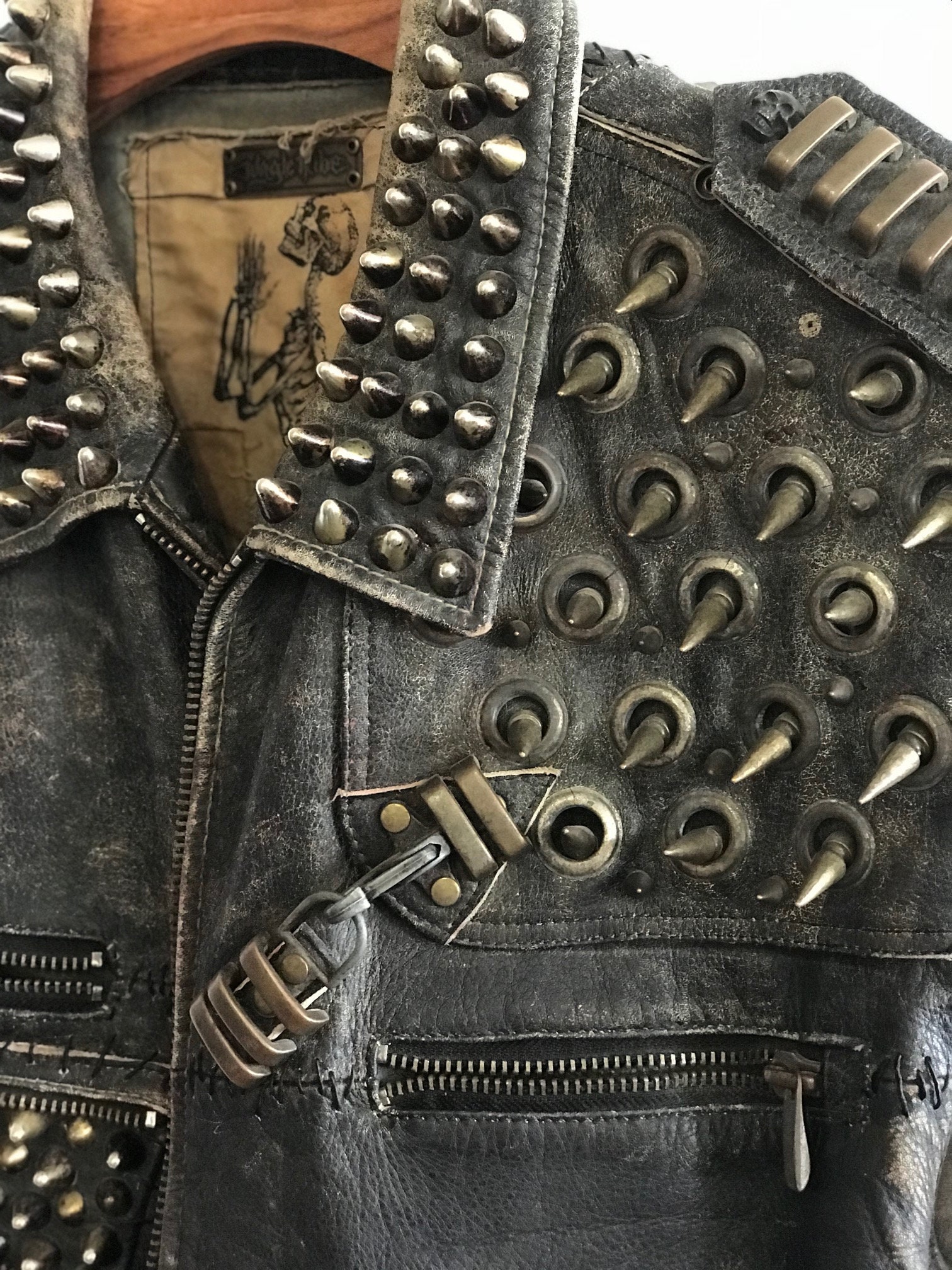 INDUSTRIAL UNREST Leather Spiked Studded and Distressed Jacket Cut Vest