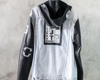 Denim Jacket With Black Leather Sleeves and Hood Etsy