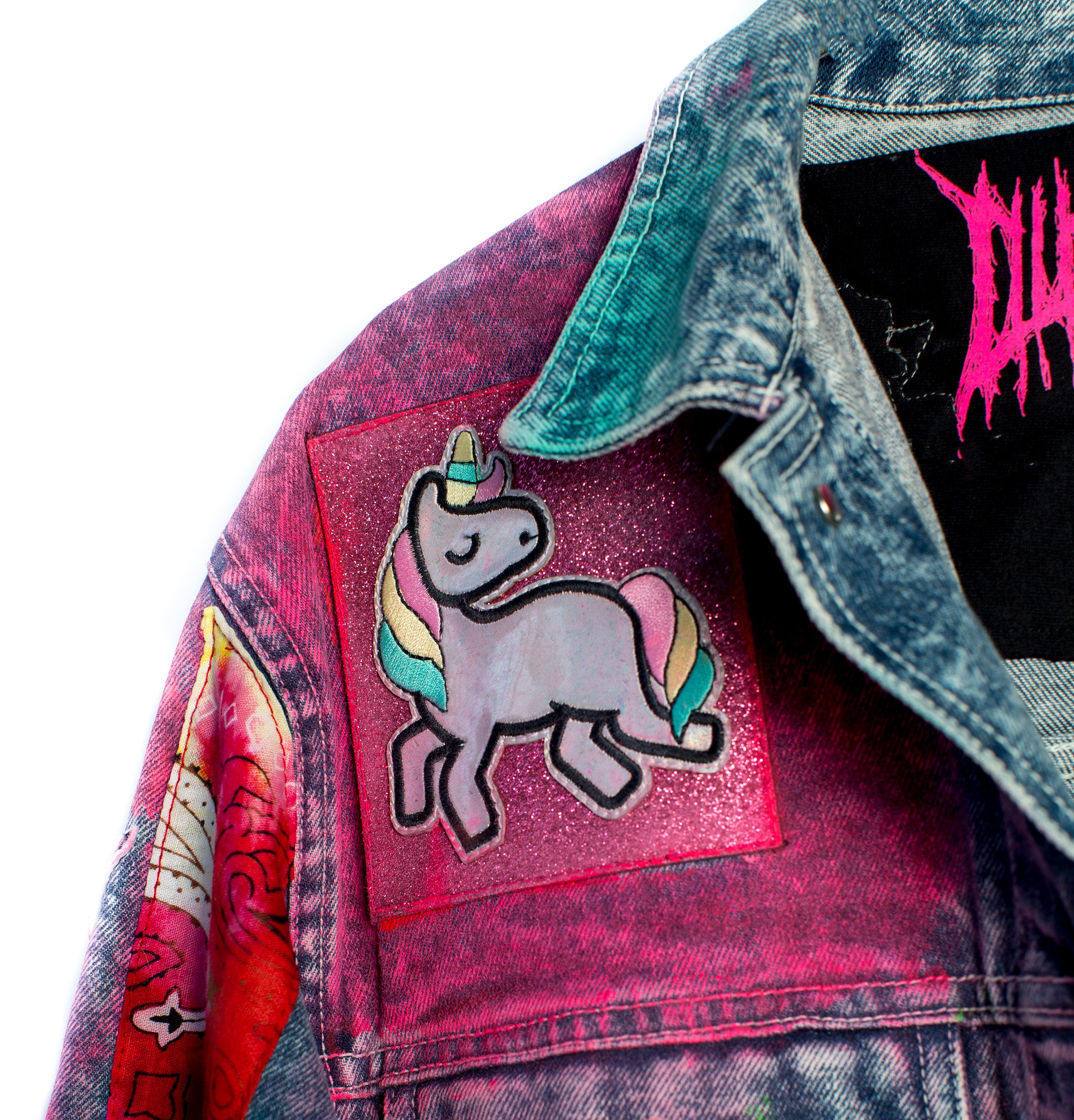 Sparkleberry Unicorn Mix Tape Acid Wash Boxy Denim Jacket with Neon ...