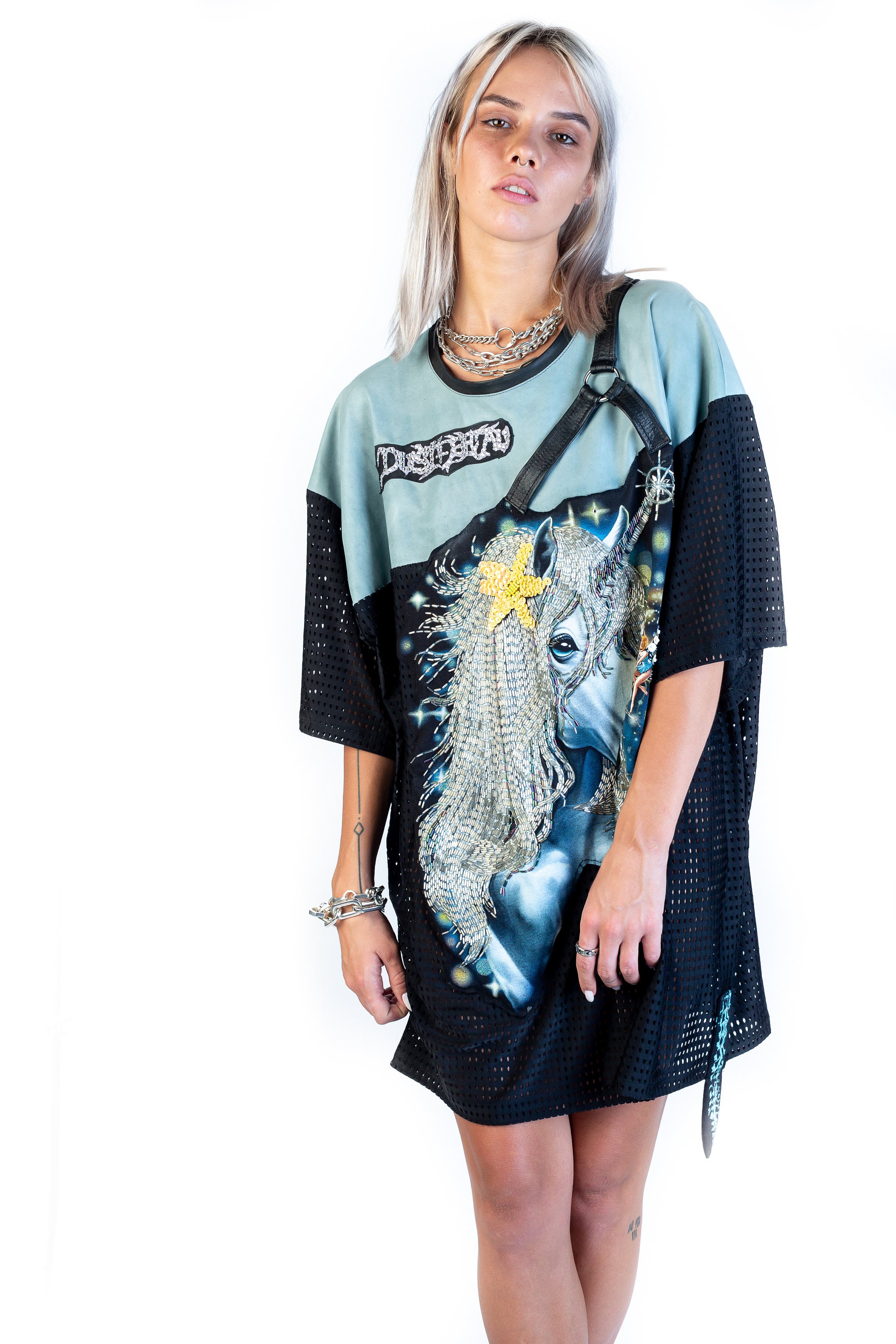 Galactic Unicorn Oversized Athletic Mesh Leather Shirt