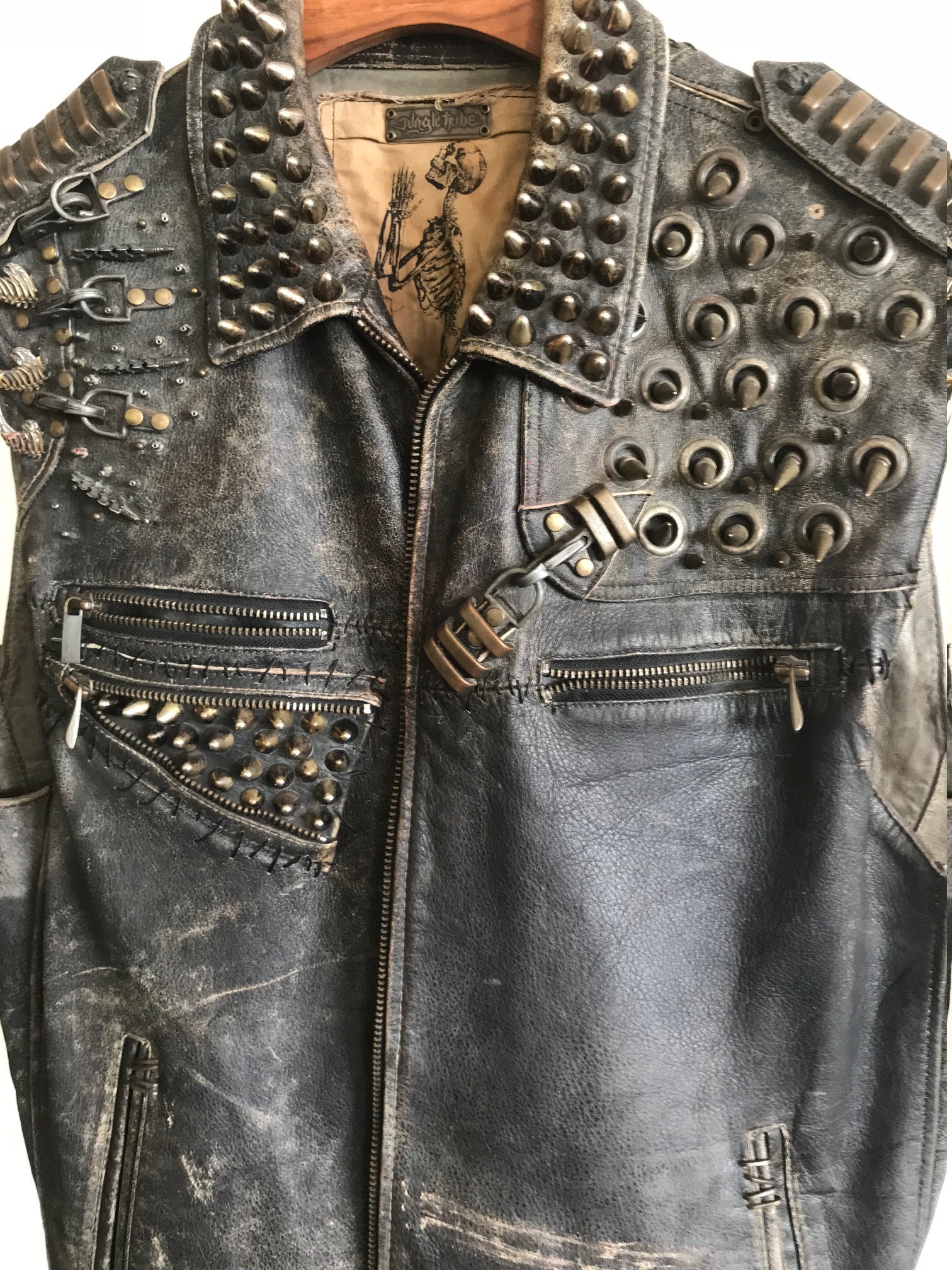 INDUSTRIAL UNREST Leather Spiked Studded and Distressed Jacket Cut Vest