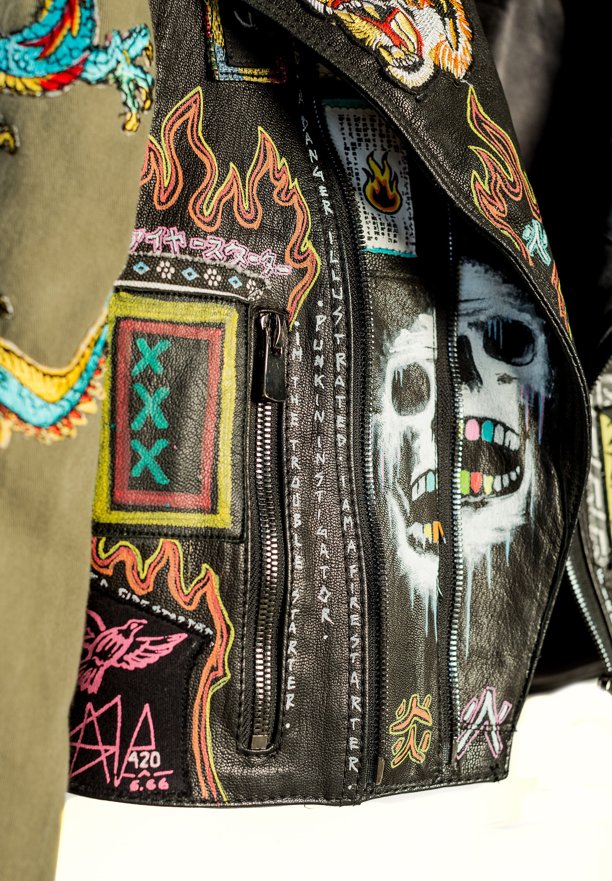 All In Twisted Fire Starter Cropped Leather Jacket with Repurposed Army