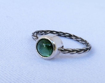 Braided sterling silver ring, ring with tourmaline, handmade jewelry, green gemstone