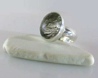 Bague en argent sterling, bague avec quartz rutilé, pierre ovale, fait main