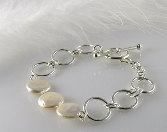 Sterling silver bracelet, flat freshwater pearls, handmade