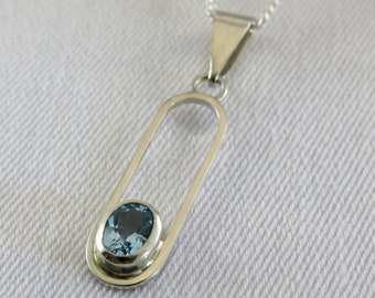 Sterling silver pendant, oval blue topaz pendant, handmade jewelry