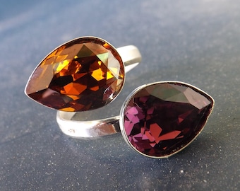 Anello in argento 925 e cabochon pera Swarovski nei colori "Amethyst" e "Crystal copper"