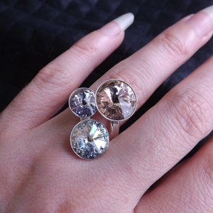 Anello regulabile argento 925 e cristalli rose azzurro lilla
